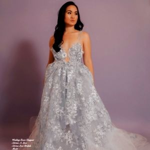 "KARA ANNA" Ice Blue & Silver Embroidered Lace & White Tulle Wedding Ballgown…